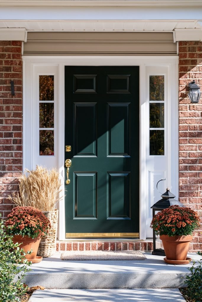 Freshly painted forest green front door decorated with rust-colored mums, dried wheat, and a black lantern.