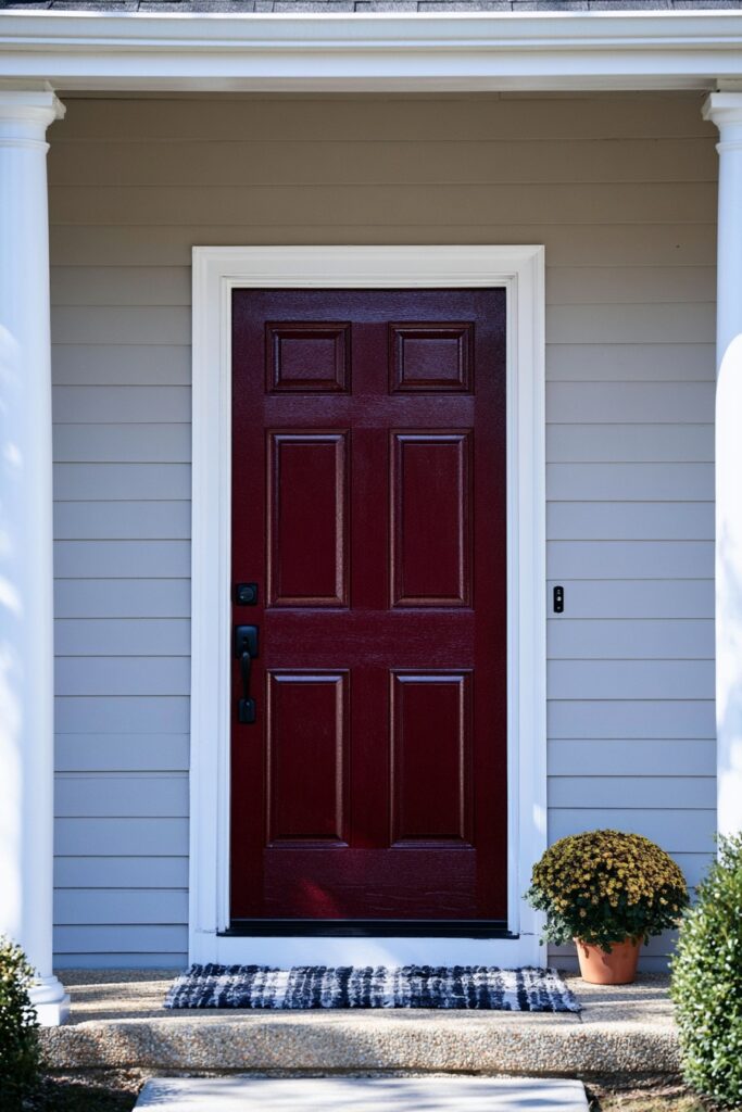 Front door freshly painted in a deep terracotta fall color