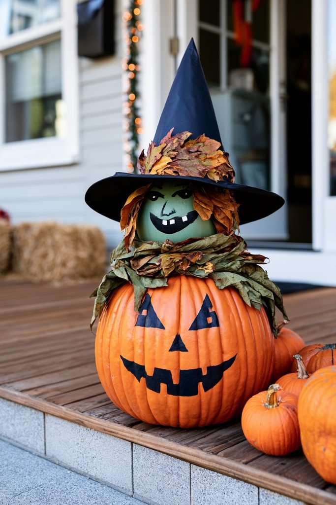Hand-painted Halloween pumpkins with a whimsical green witch face and fall leaf scarf.