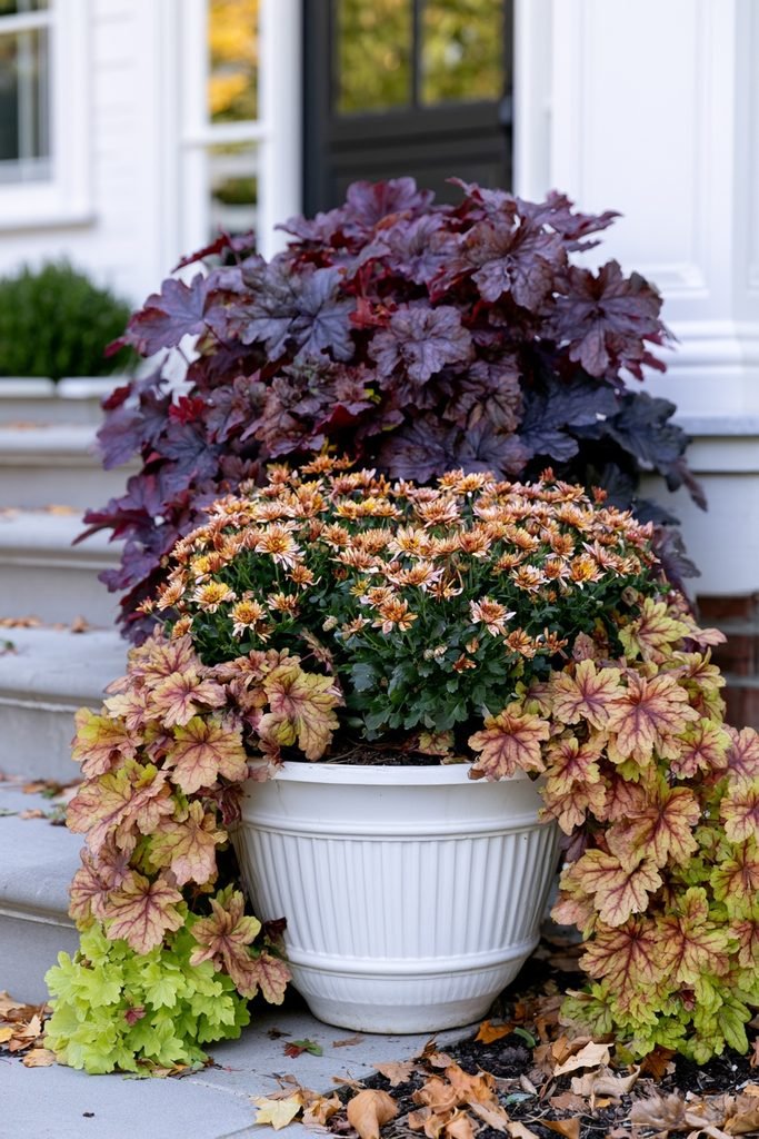 Colorful chrysanthemums and heuchera coral bells foliage creating a richly textured fall container garden
