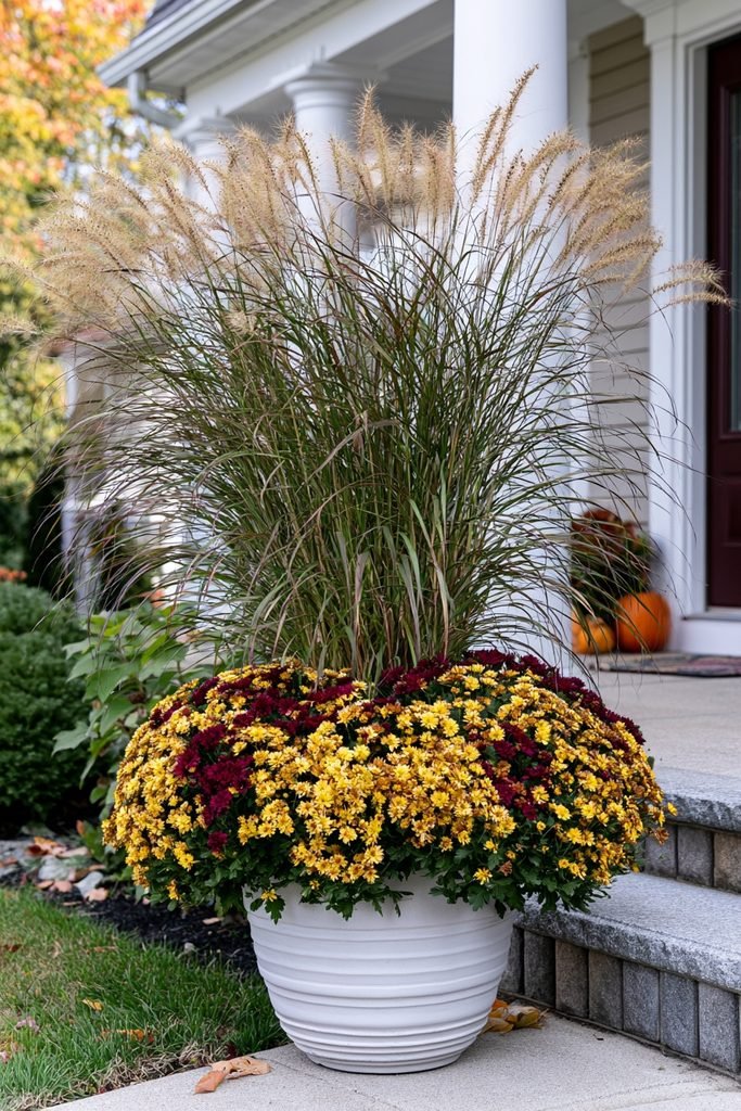 Burgundy and yellow mums paired with tall ornamental grass in an elegant fall porch planter