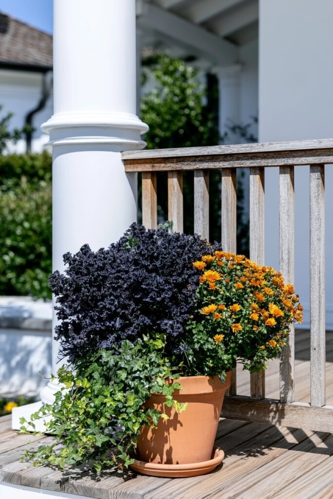 Mums mixed with ornamental kale in a porch planter