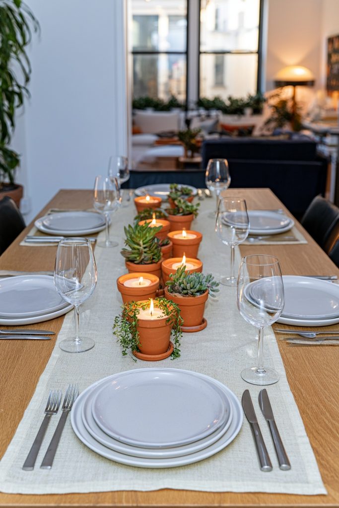 Terracotta pots holding tea lights with succulents on a dining table
