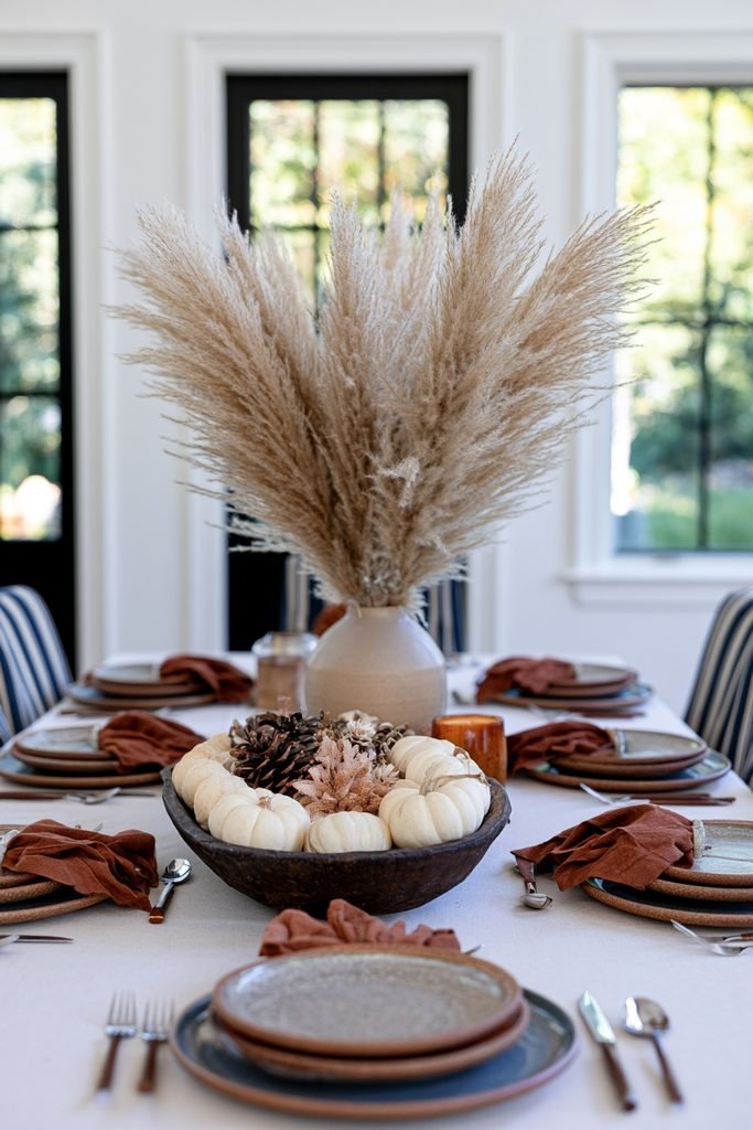 Fall dough bowl with mini pumpkins and pinecones paired with tall pampas grass on a decorated dining table.