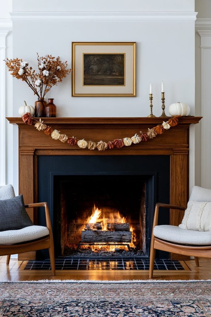 Craftsman wood mantel decorated with a handmade paper pumpkin garland, white pumpkins, dried cotton stems, and amber bottles.