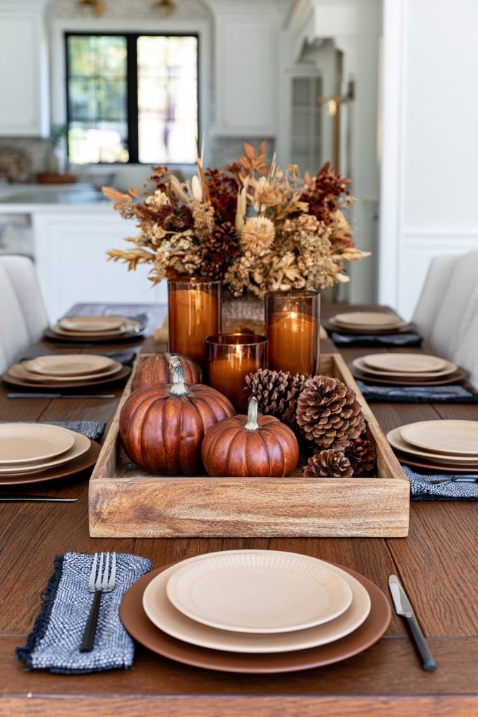 Weathered acacia wood tray decorated with dried orange slices, cinnamon bundles, walnuts, and rustic fall table decor.