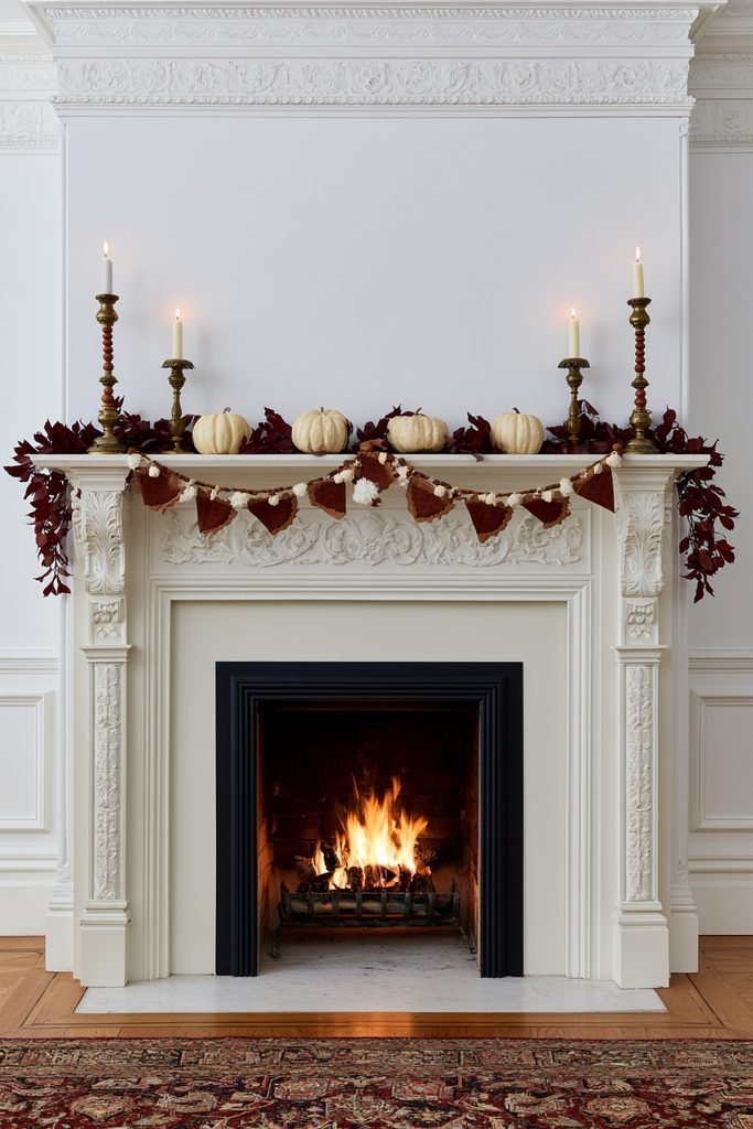 Victorian fireplace mantel decorated with a whimsical Thanksgiving pie-slice garland, cream pumpkins, burgundy foliage, and antique brass.
