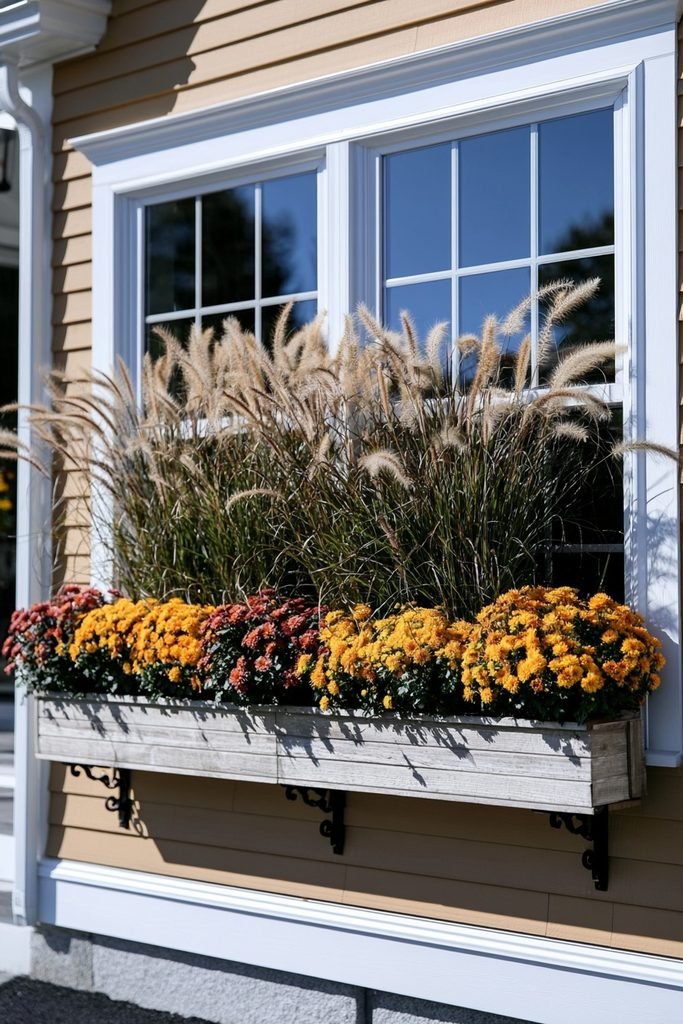 Copper fountain grass rising behind a row of mums in a window box