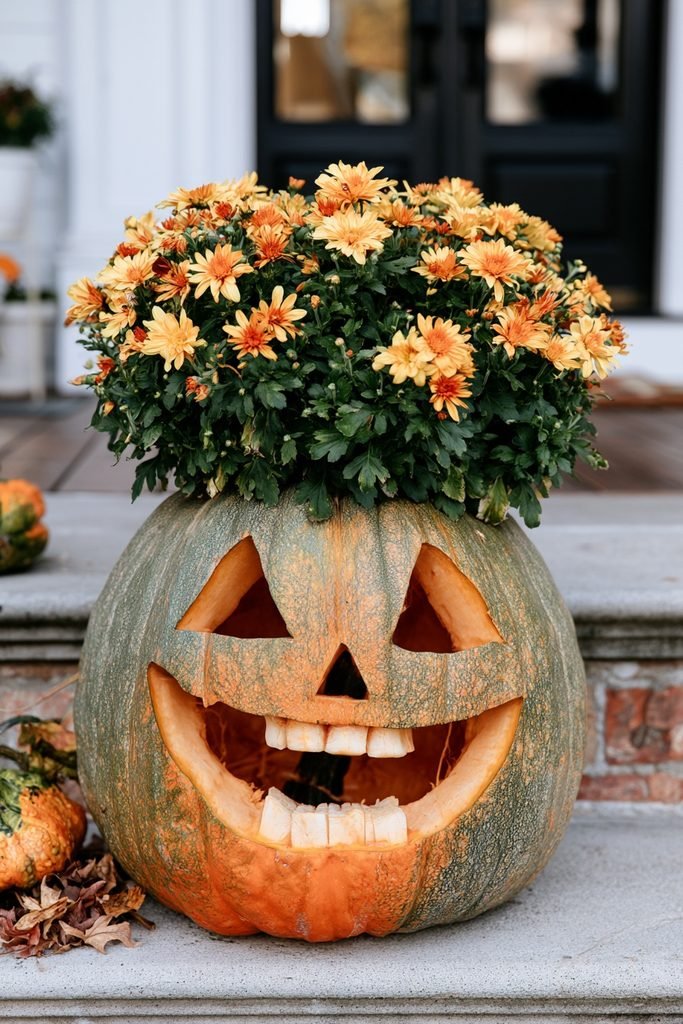 Chrysanthemum mums planted inside a hollowed pumpkin for a creative fall porch display