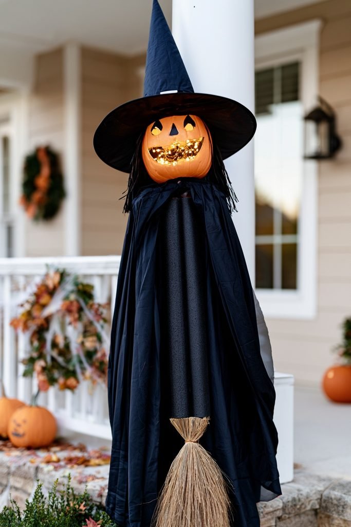 DIY witch figure made with a pool noodle, broom handle, and glowing pumpkin pail.