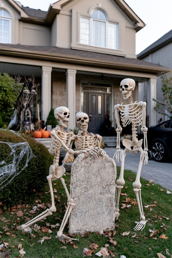 Posable skeletons arranged in a creative Halloween scene among tombstones and pumpkins.