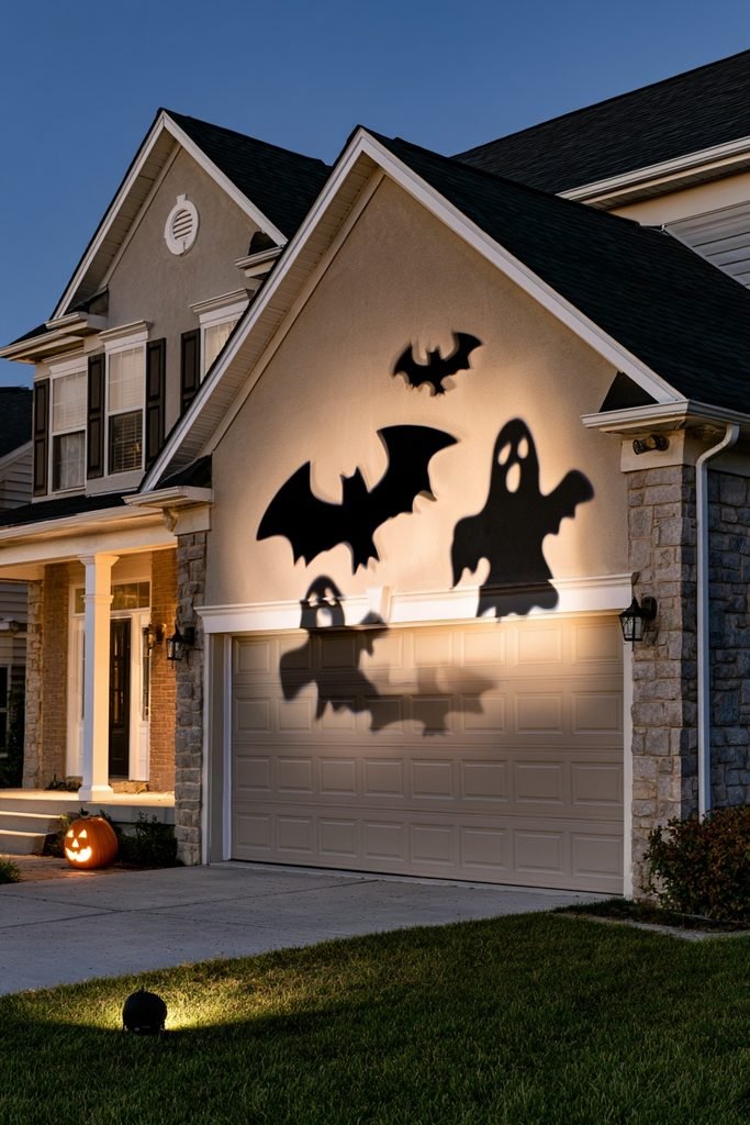 Ghost and bat silhouettes projected onto a garage door during Halloween.