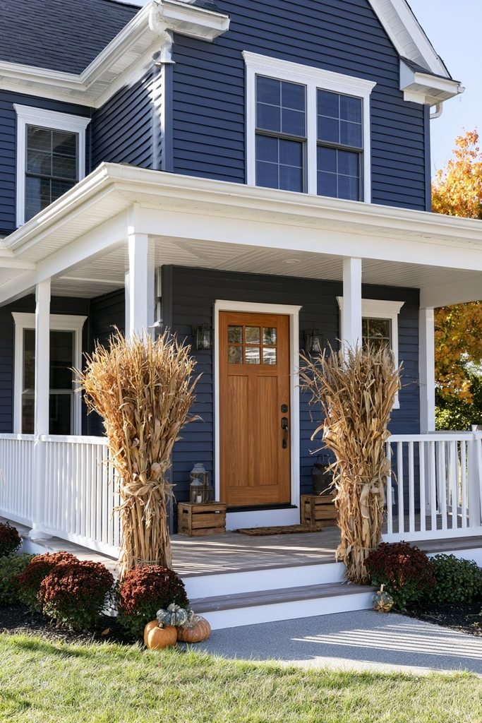 Tall cornstalk bundles decorating a fall front door with rust-colored mums, wooden crates, gourds, and lanterns.