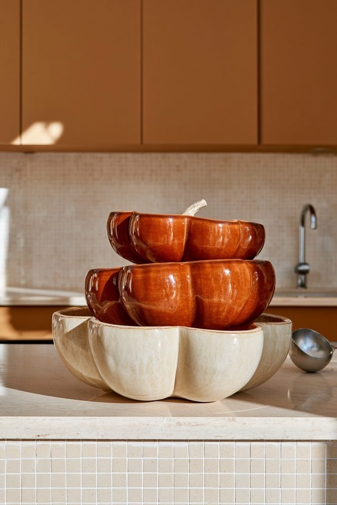 Stack of pumpkin-shaped ceramic soup bowls on a modern kitchen counter