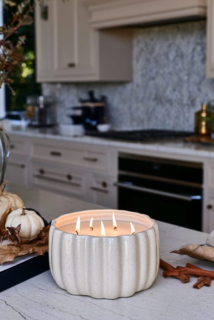 Pumpkin spice candle burning on a modern kitchen coffee station counter