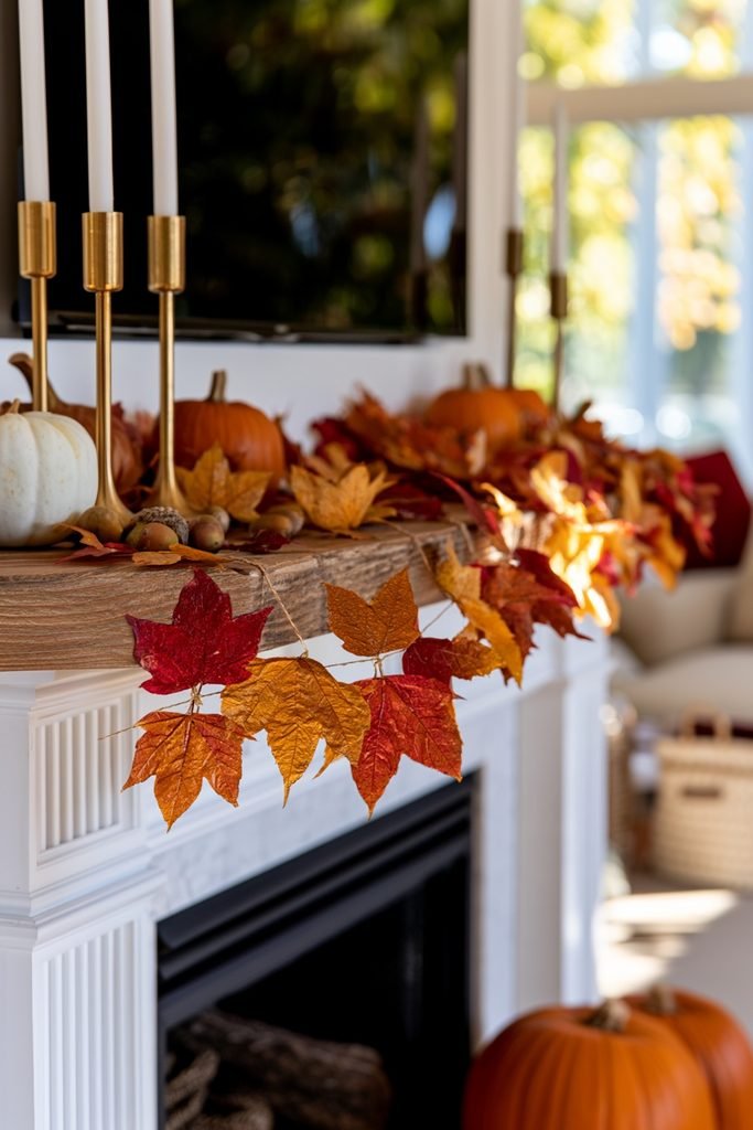 Arched plaster fireplace decorated with a pressed autumn leaf and twine garland, pumpkins, sage foliage, and ceramic vases.