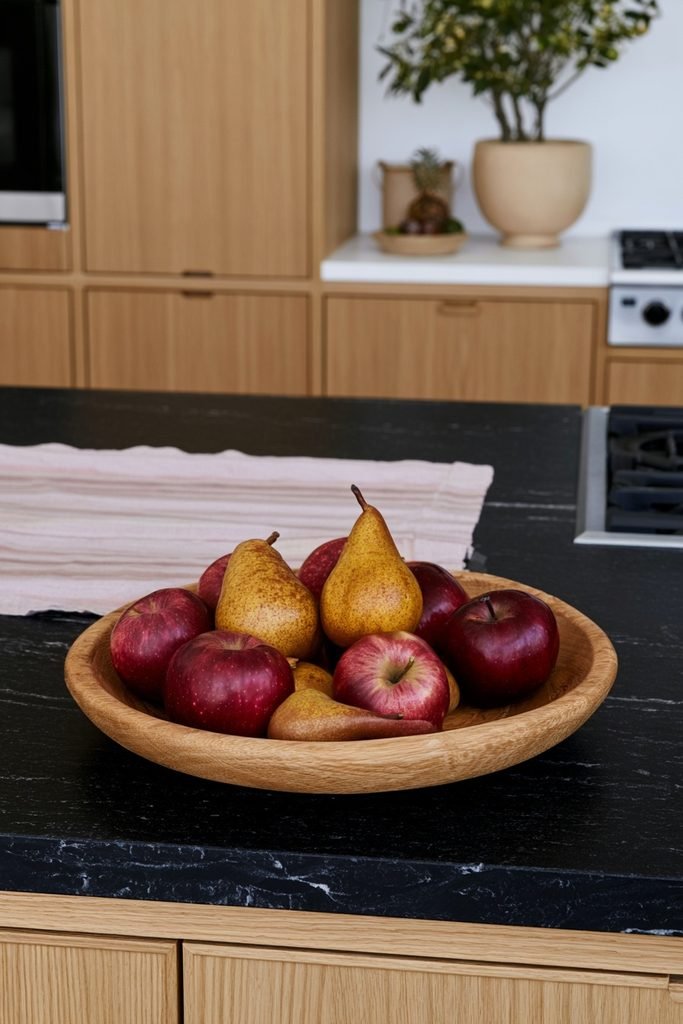Wooden bowl filled with ripe apples and pears on a modern kitchen island