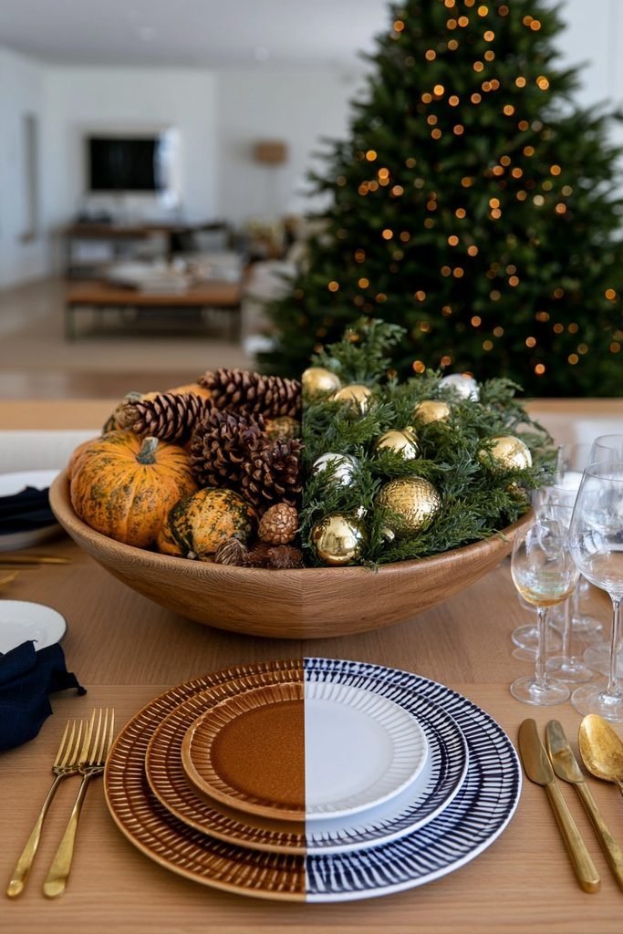Long narrow wooden dough bowl filled with pumpkins, gourds, pinecones, and dried foliage for a versatile fall centerpiece.