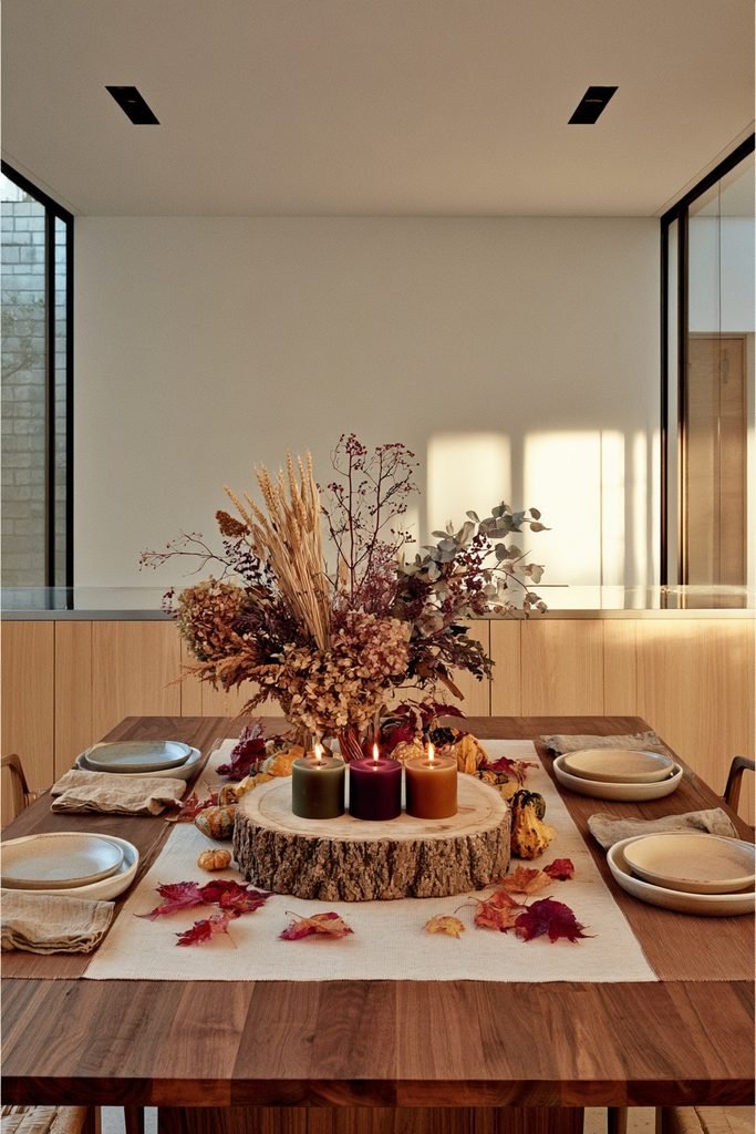 Pillar candles arranged on a wood log slice centerpiece for a fall dining table