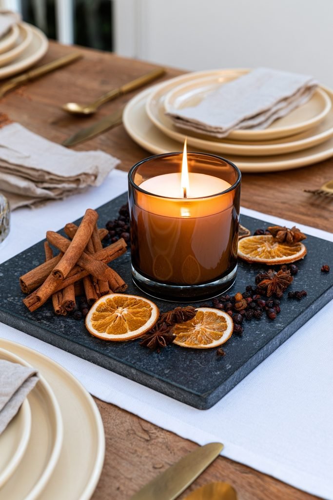 Amber glass fall scented candle on a stone tray surrounded by cinnamon sticks, dried orange slices, and star anise.