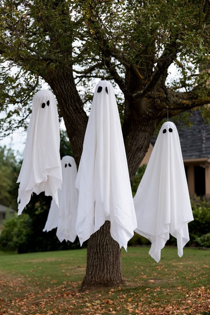Homemade sheet ghosts hanging at different heights from a tree in a Halloween yard.