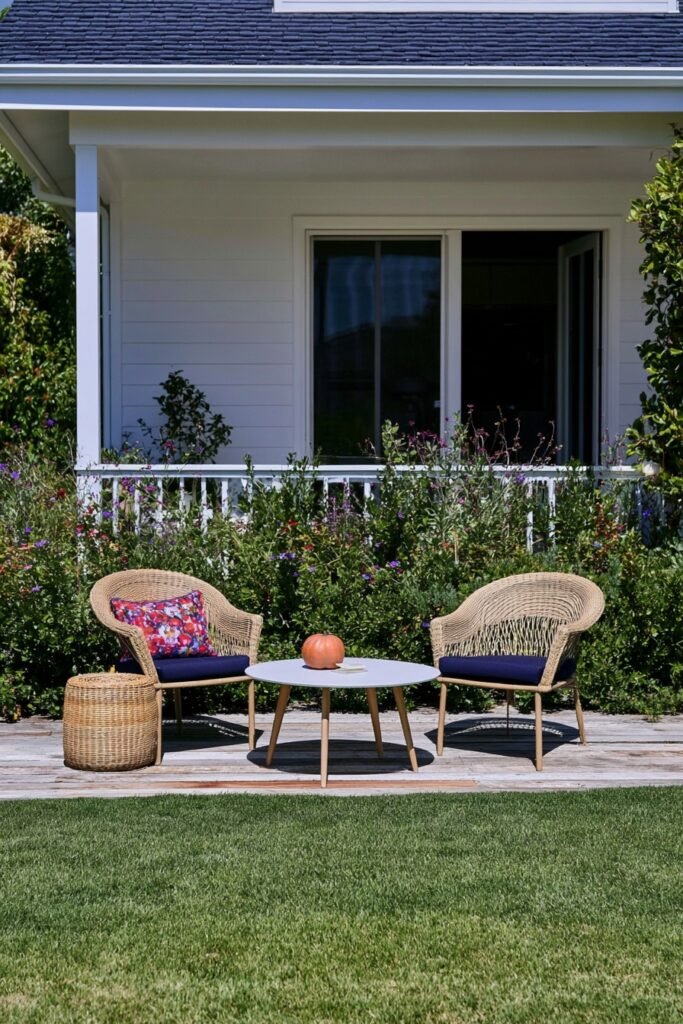 Thrifted baskets and dollar-store chairs styled together on a porch