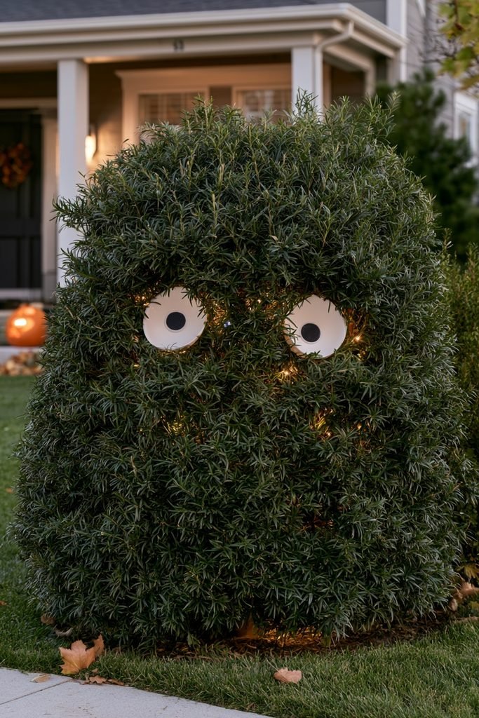 Large glowing monster eyes tucked inside a front-yard shrub for a Halloween decoration.