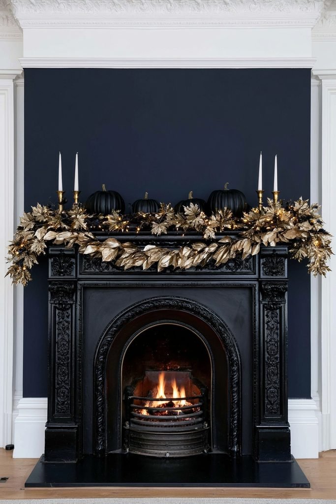 French country fireplace mantel featuring layered silk maple leaf garlands with warm fairy lights, pumpkins, and pampas grass.