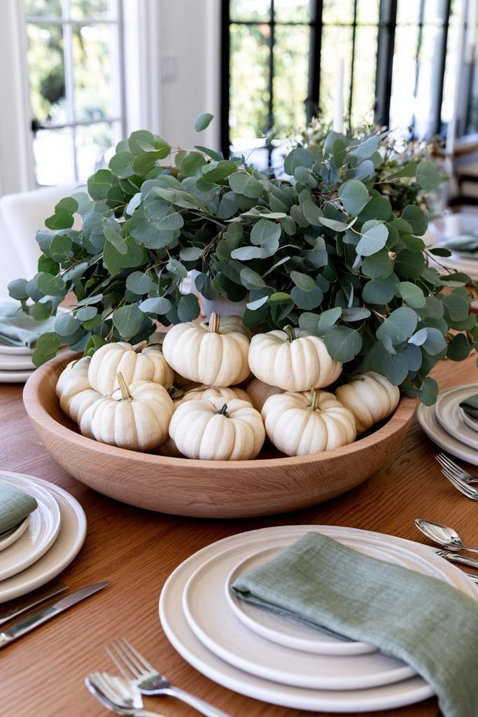 Light wood dough bowl filled with white pumpkins and silver dollar eucalyptus on a fall dining table.