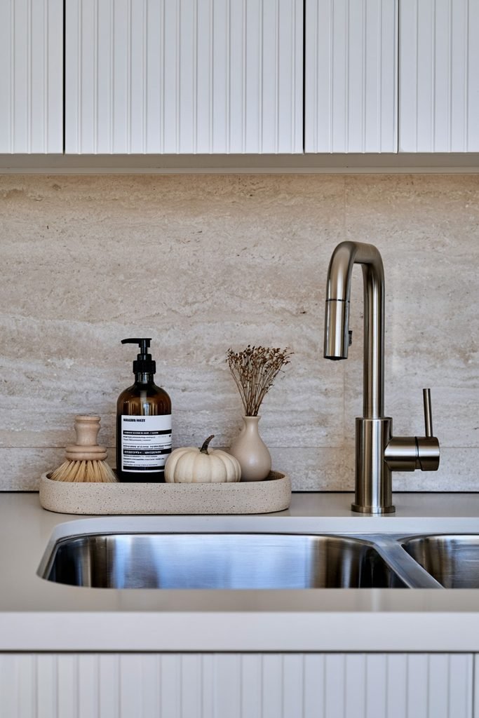 Wood tray with soap bottle, dish brush, and mini pumpkin styled in a modern kitchen sink corner