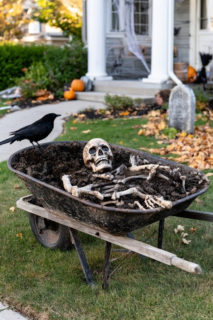 Skeleton partially buried in soil inside a rustic wheelbarrow with Halloween decorations nearby.
