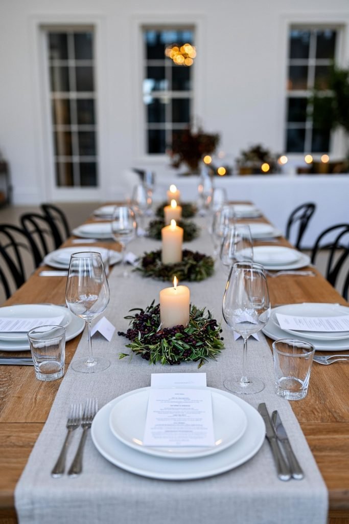 Candle rings spaced down a long banquet-style fall dining table
