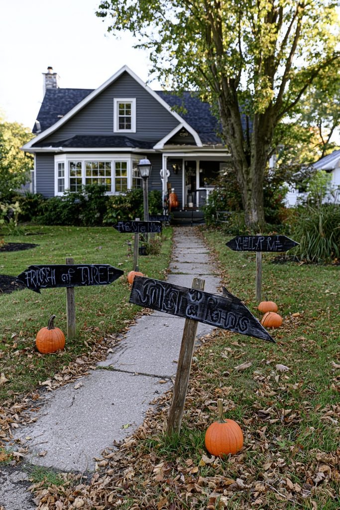Handmade wooden Halloween street signs lining a front walkway with pumpkins and fall leaves.