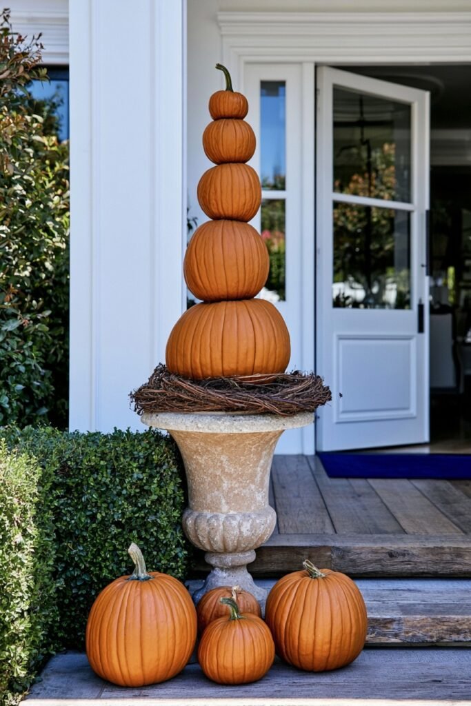 Farmhouse fall porch with pumpkins stacked topiary-style on an urn beside the front door