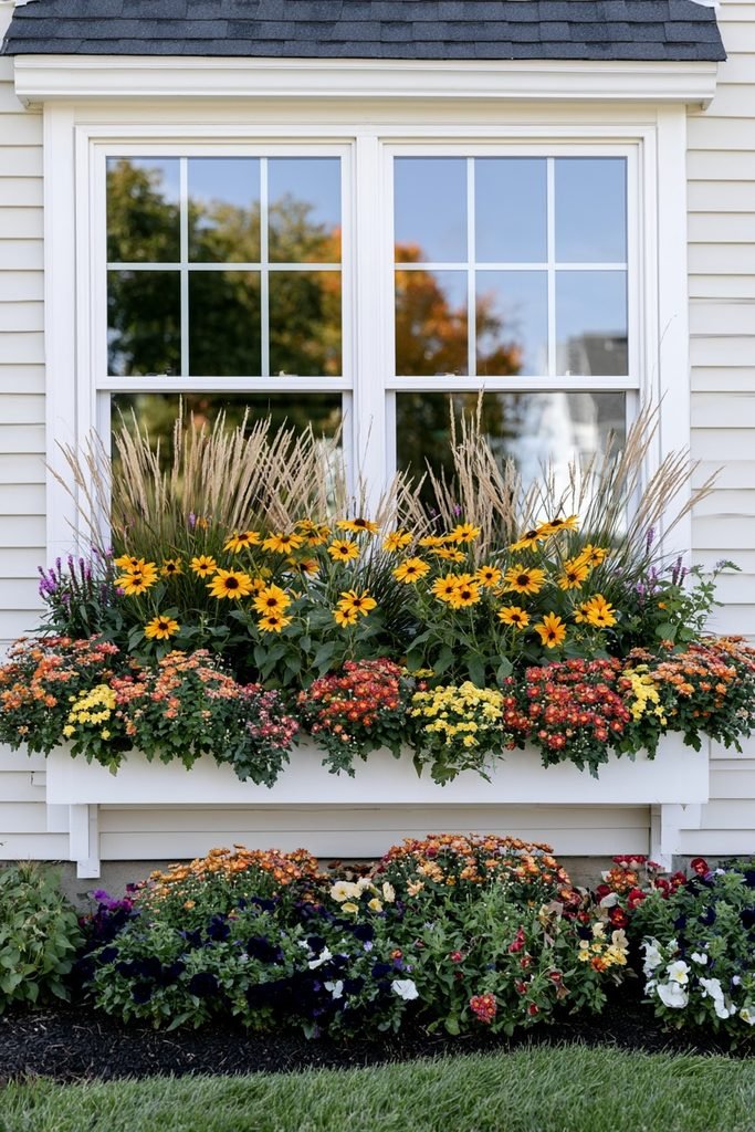 Layered window box with black-eyed Susans, ornamental grass, mums, and pansies