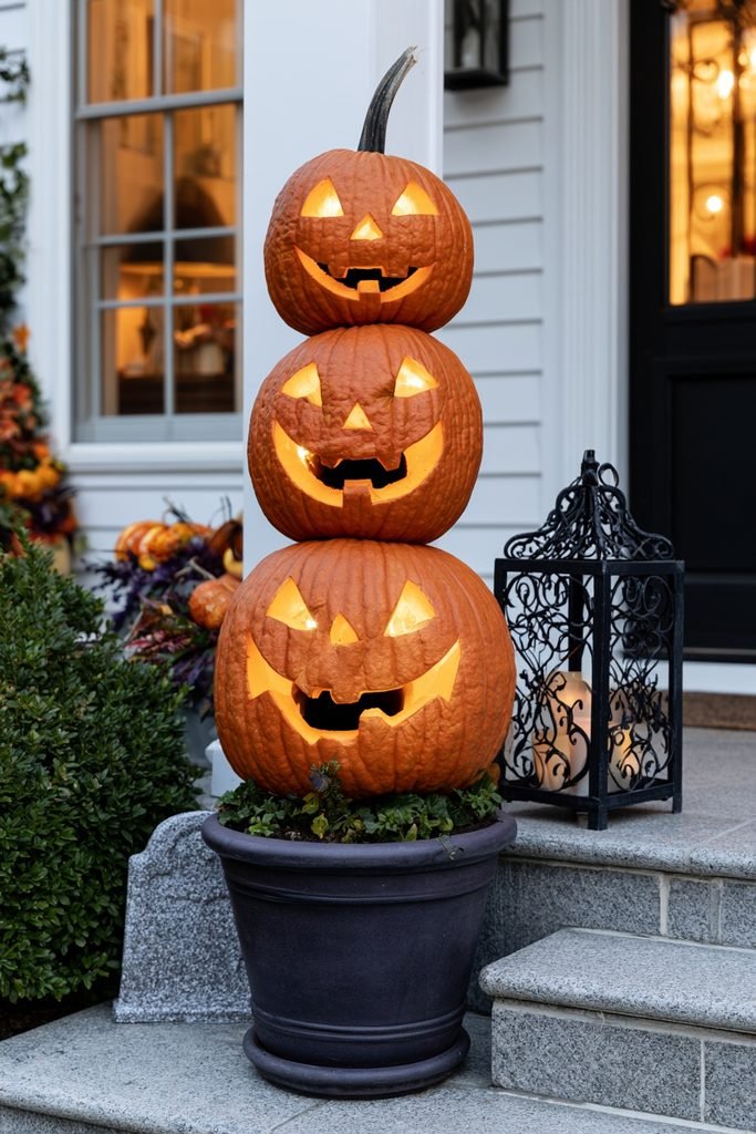 Three pumpkins stacked into a glowing topiary inside a planter on an autumn porch.