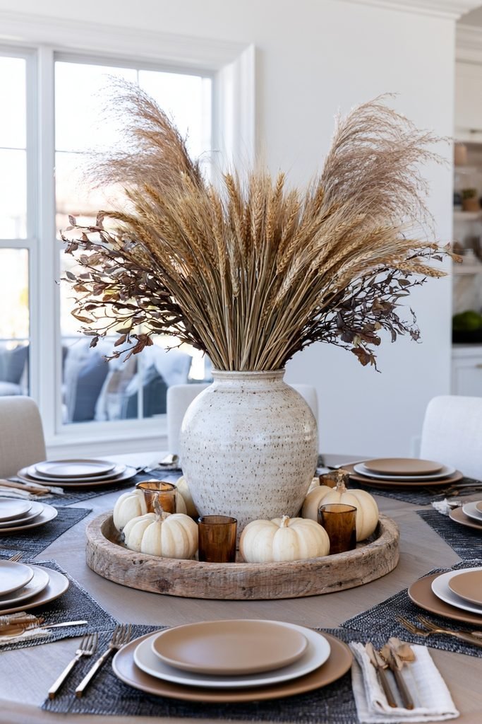 Oversized ceramic vase with dried oak branches and wheat styled as a dramatic fall tray centerpiece on a dining table