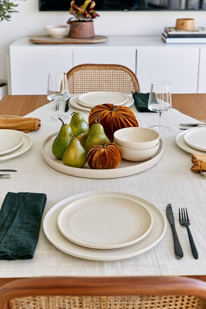 Minimalist fall tray decor using forest green apples, burnt orange leaves, and warm cream ceramic bowls.