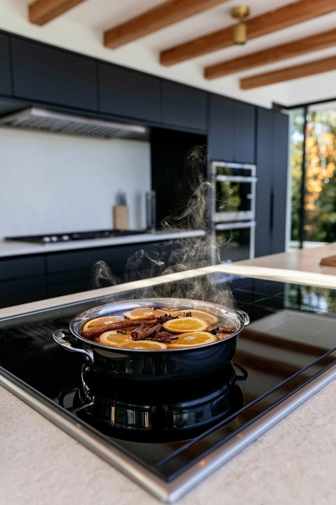 Fall simmer pot with orange slices and cinnamon sticks on a modern induction cooktop