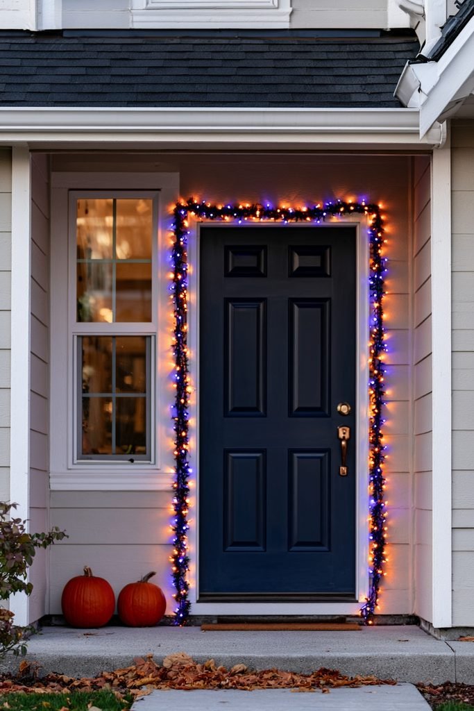 Orange and purple Halloween string lights framing a suburban front door and windows.
