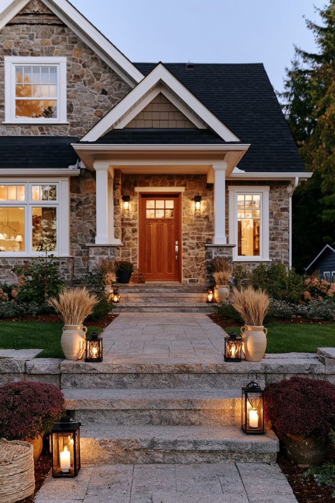 Warm glowing lanterns arranged along a cozy fall front porch during the evening.