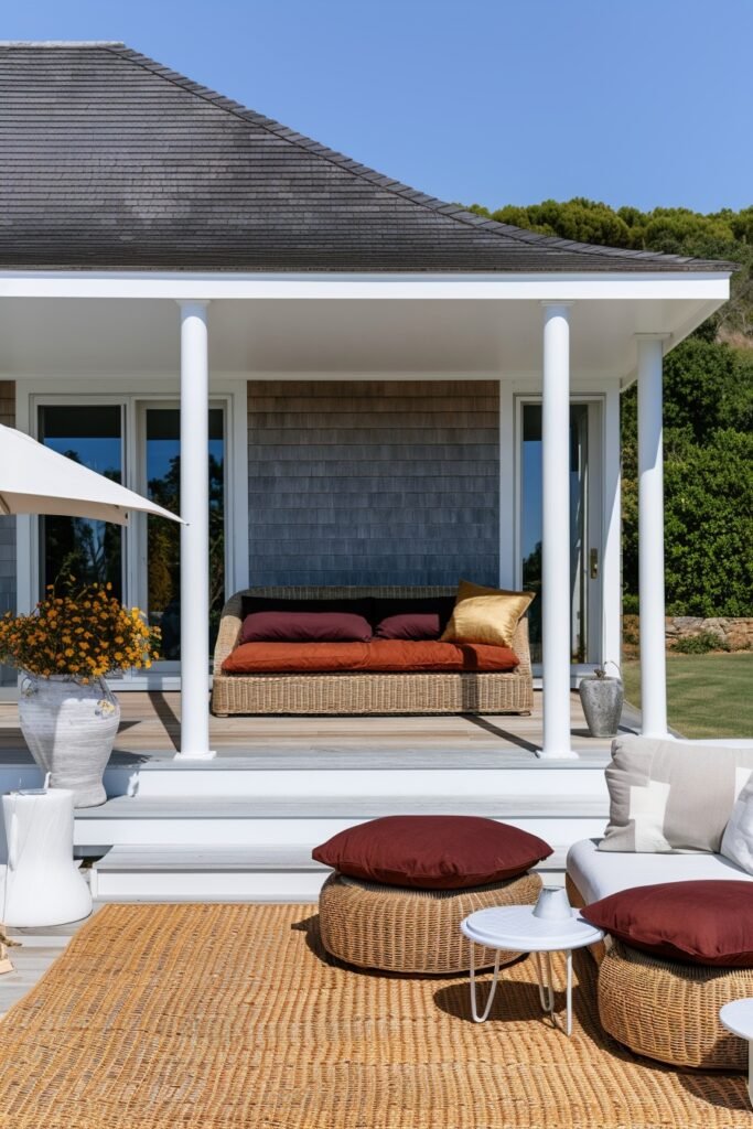 Outdoor pillows in burnt orange and burgundy covers on a porch bench