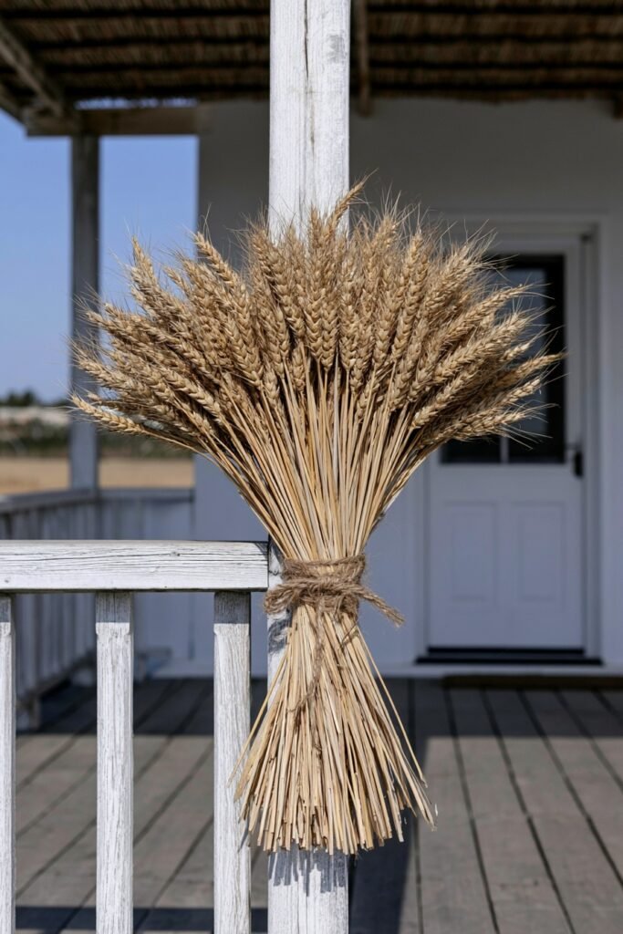 Dried wheat bundle tied with twine to a porch railing