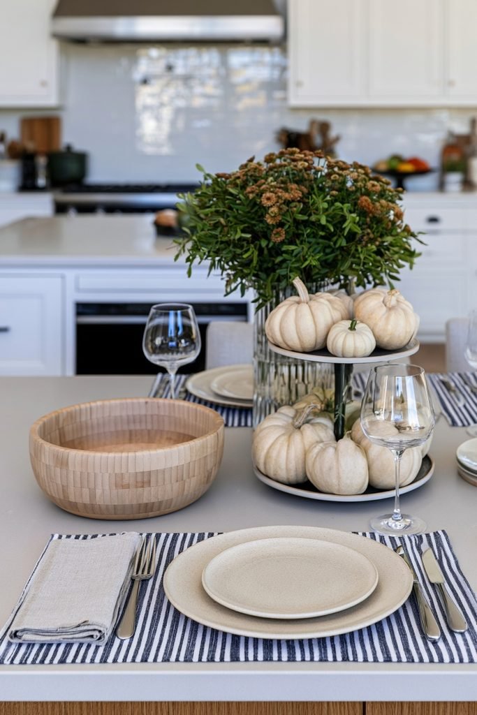 Fall dough bowl centerpiece paired with a two-tiered tray decorated with coordinating pumpkins and seasonal accents.