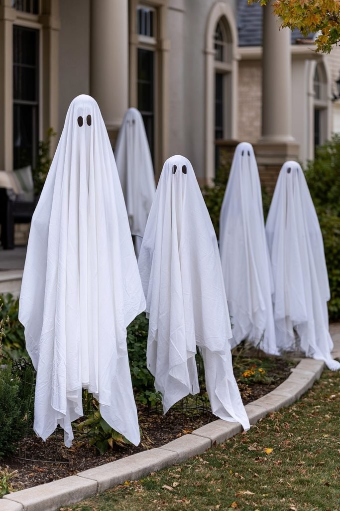 DIY tomato cage ghosts made with white sheets decorating a Halloween front yard.