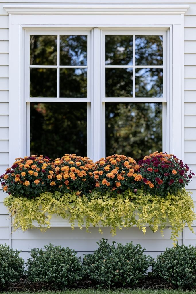 Chartreuse creeping Jenny spilling from a window box beneath orange mums