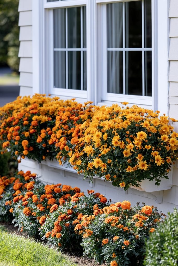 Golden mums and orange marigolds blended in a fall window box
