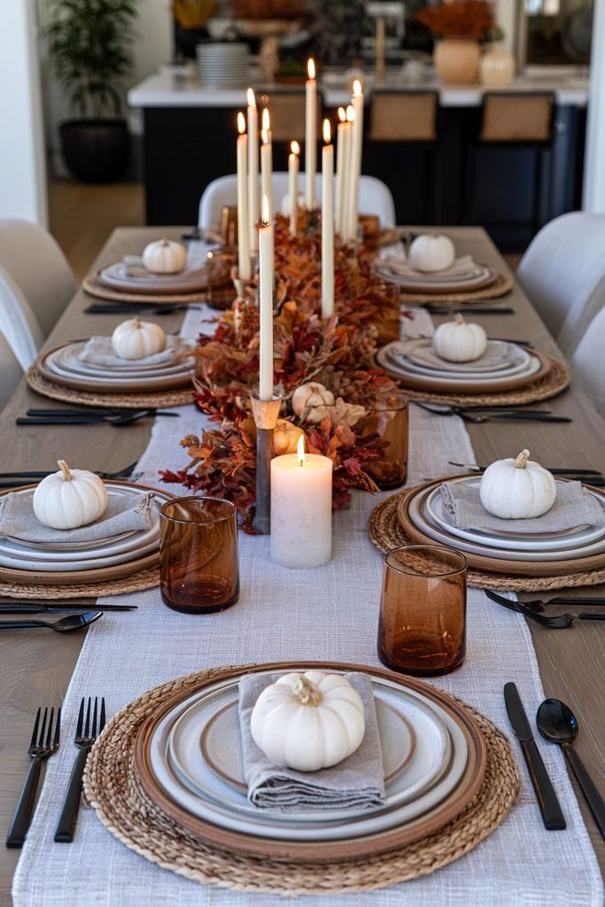Personalized fall table setting with hand-lettered white pumpkin place cards, layered plates and a seasonal centerpiece.