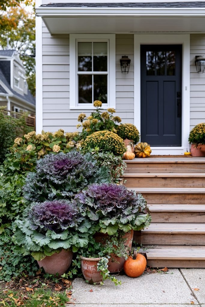 Purple and green ornamental kale in large planters decorating a cozy fall front porch with mums and heirloom pumpkins.