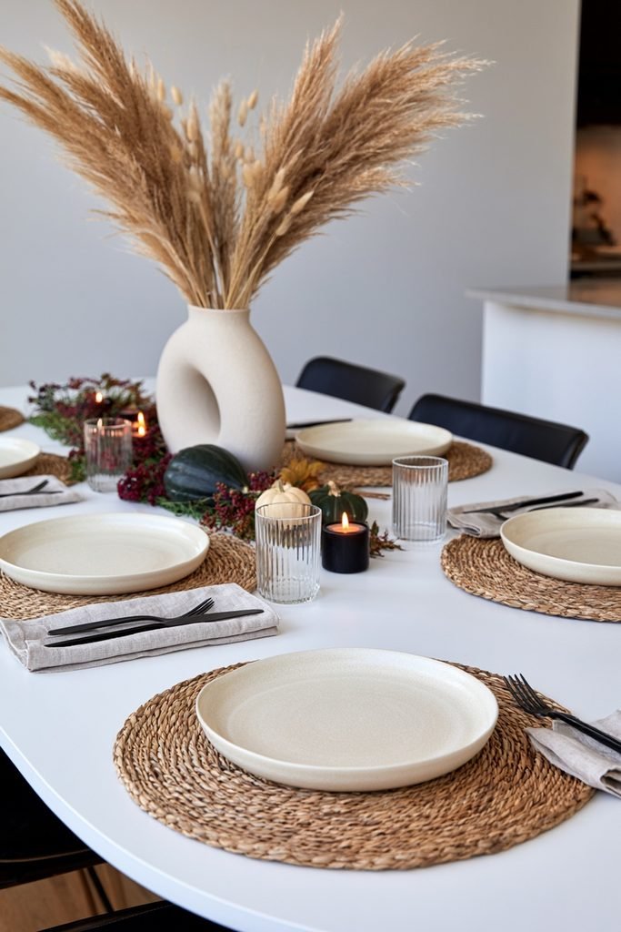 Minimal boho fall dining table with pampas grass, small pumpkins, woven placemats, neutral dinnerware and tealight candles.